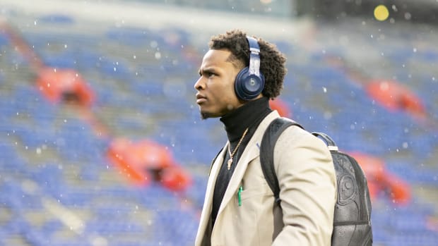 Florida Gators running back Trevor Etienne (7) walks on the field during Gator Walk at Steve Spurrier Field at Ben Hill Griffin Stadium in Gainesville, FL on Saturday, November 25, 2023.